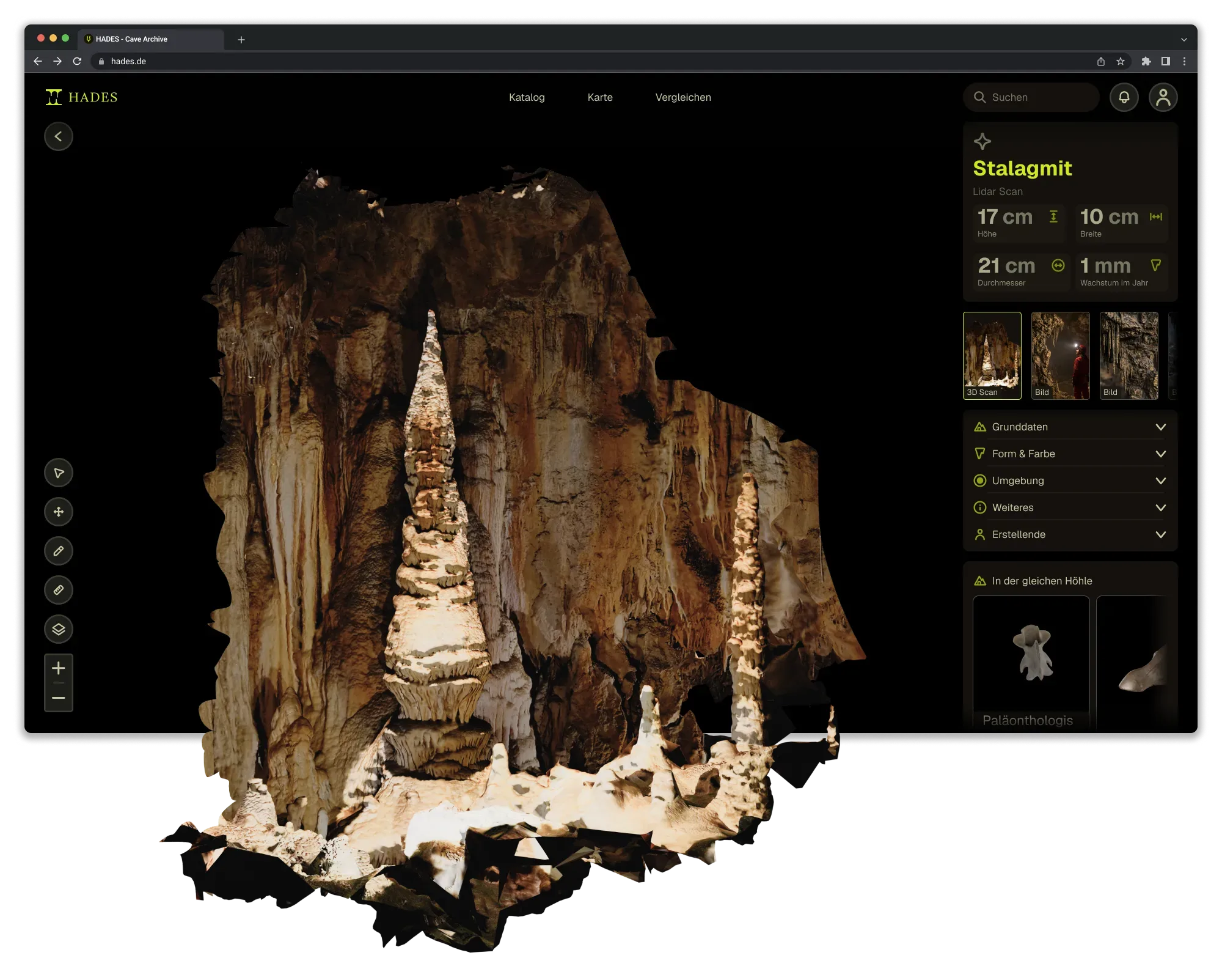 The HADES web detail view: a large 3D scan of a stalagmite, with its height, width and growth rate in a side panel