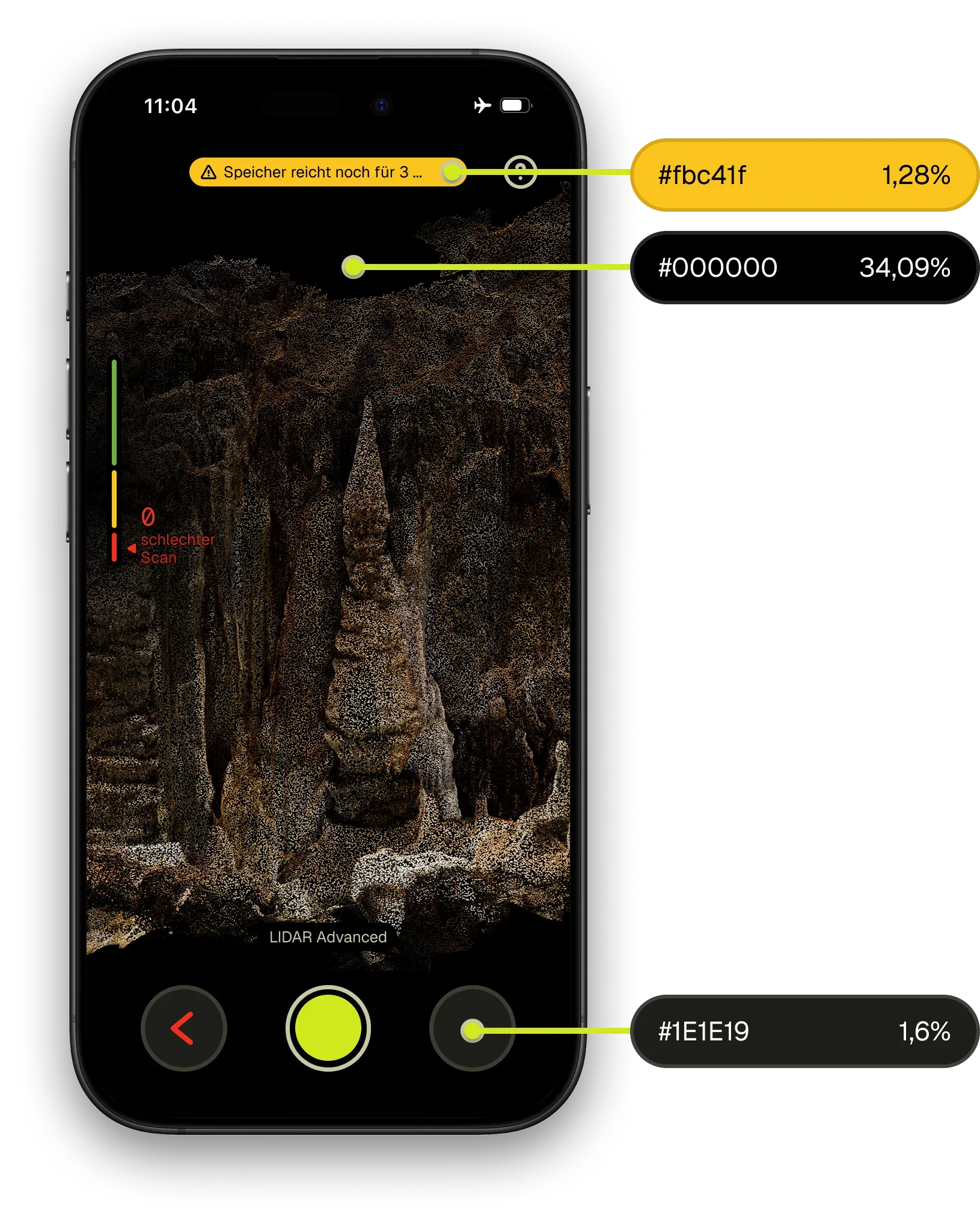 The HADES scan view on a phone: a point cloud of a stalagmite, annotated with the share of each colour on the screen, pure black at 34 percent