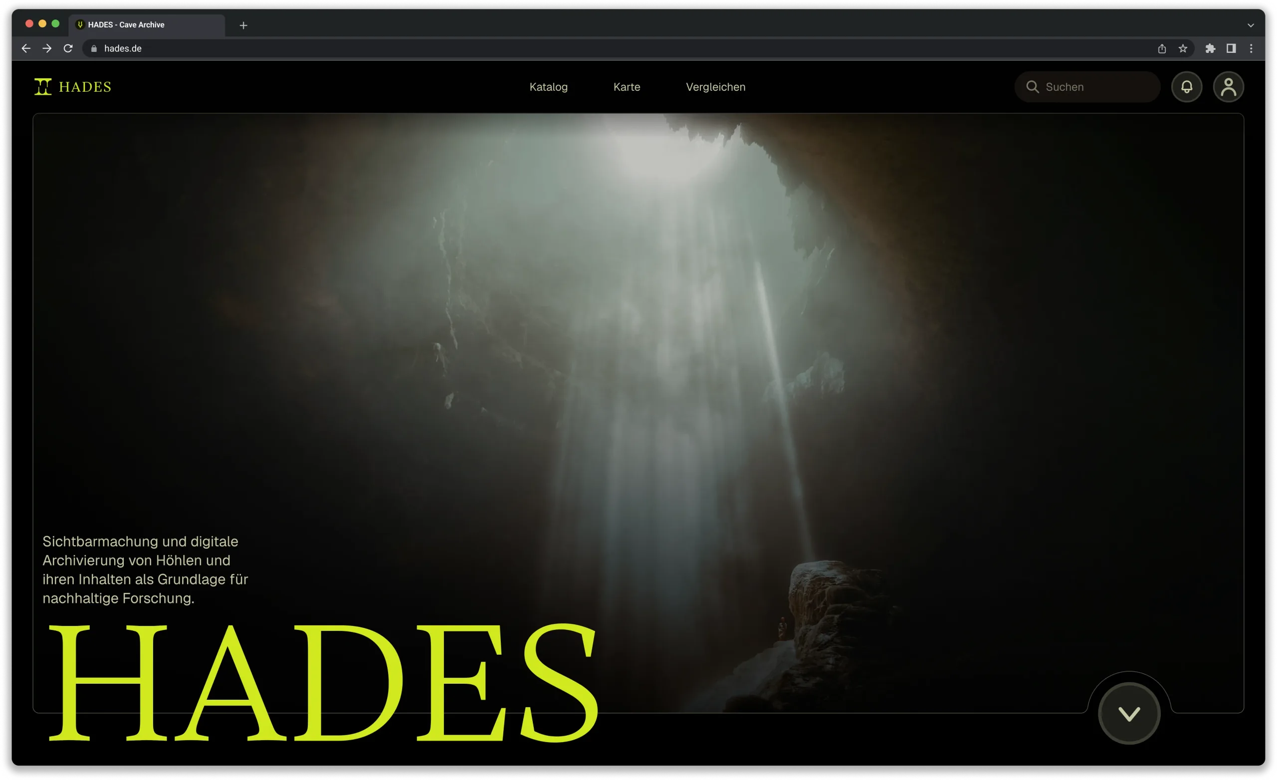 The HADES website landing page: a beam of light falling into a dark cave, with the title HADES in green