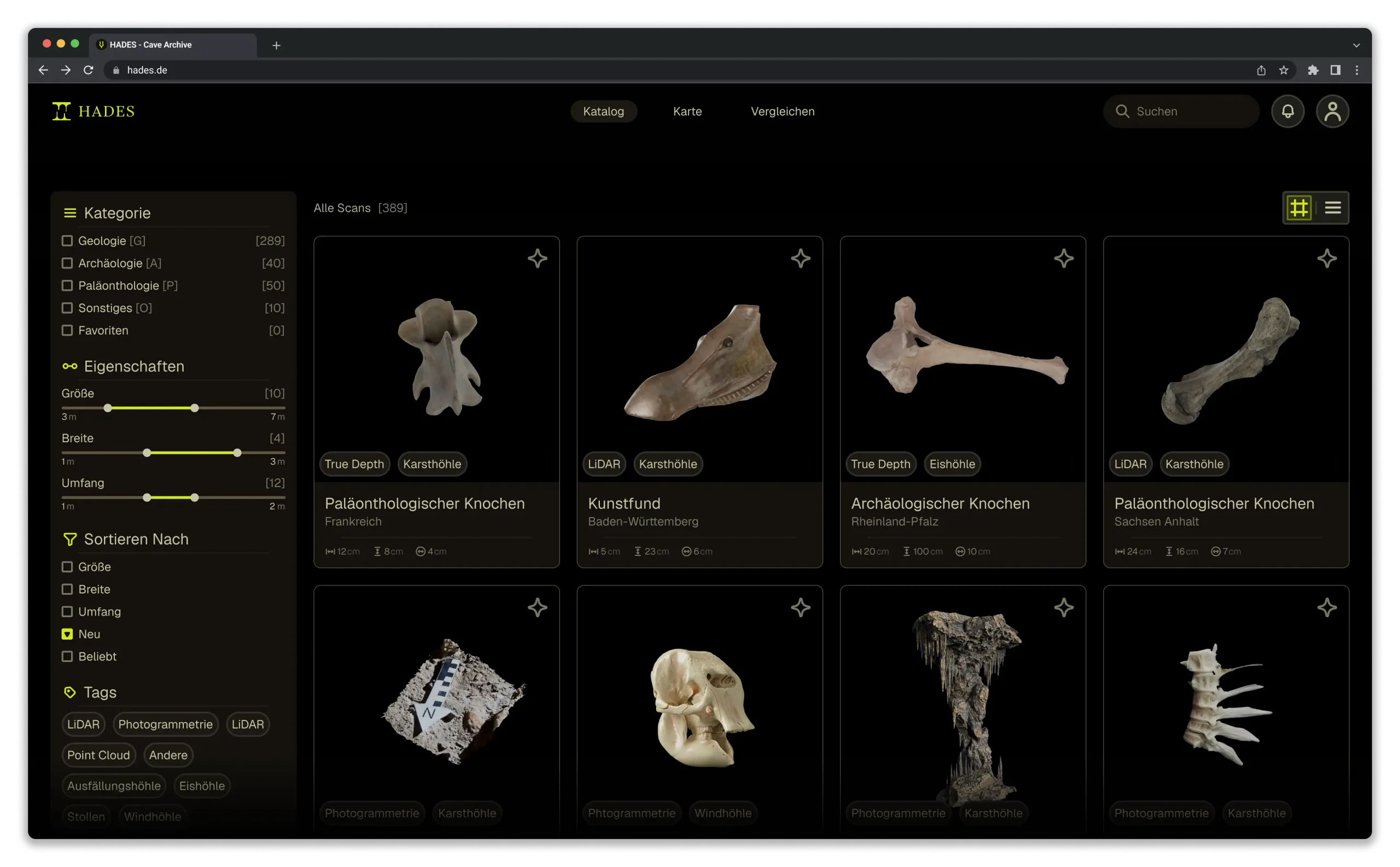 The HADES web catalogue: filters for category, properties and tags next to a grid of 3D-scanned bones, artefacts and stalagmites