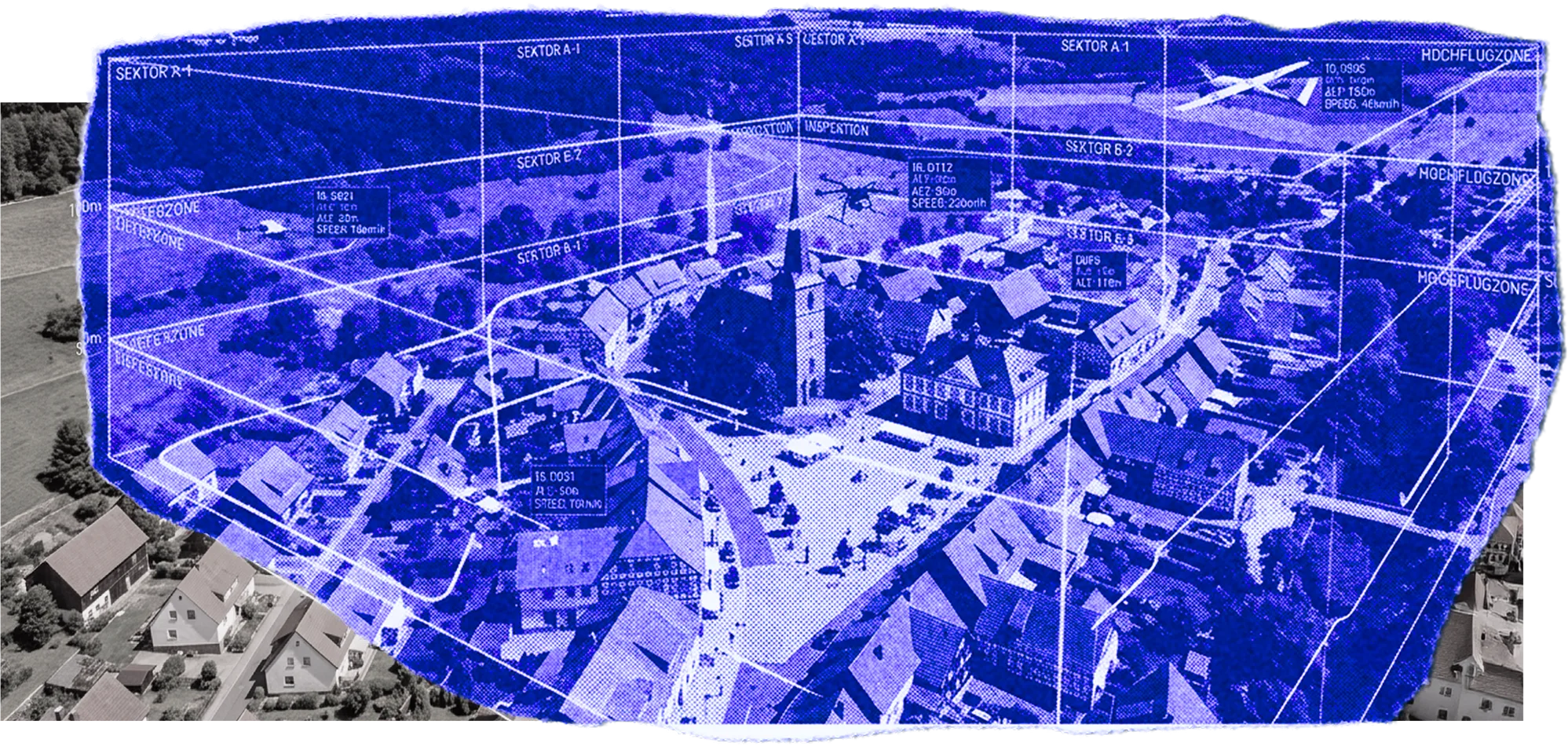 Aerial view of Schwäbisch Gmünd in blue, overlaid with a wireframe of the airspace above the town