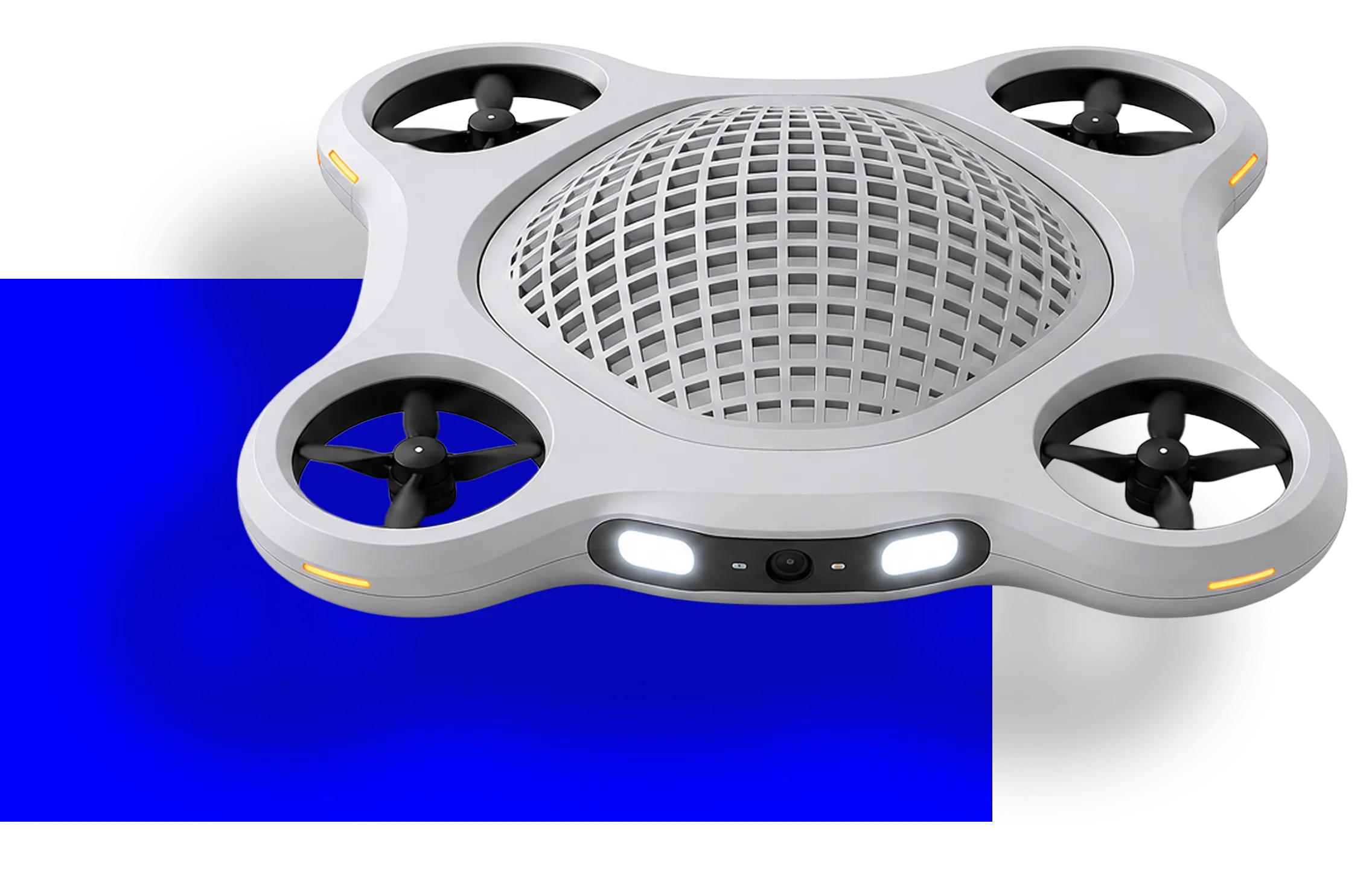 Render of a white drone with four rotors and a domed grille