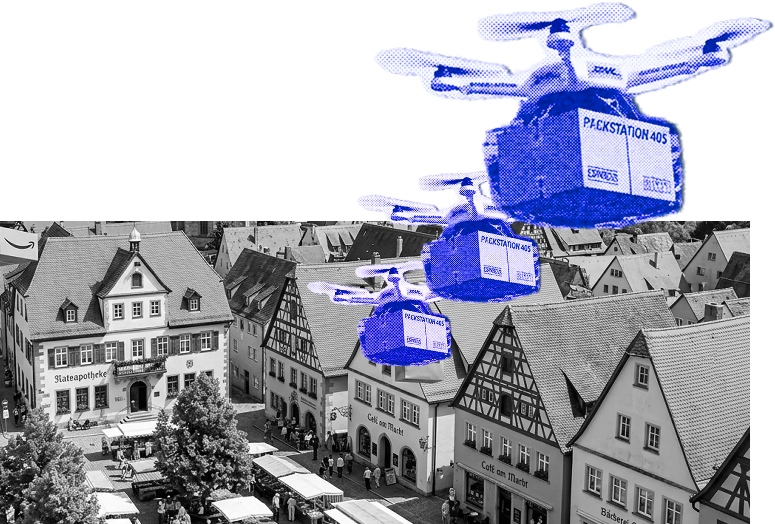 Delivery drones carrying a pick-up box over the half-timbered houses of an old town