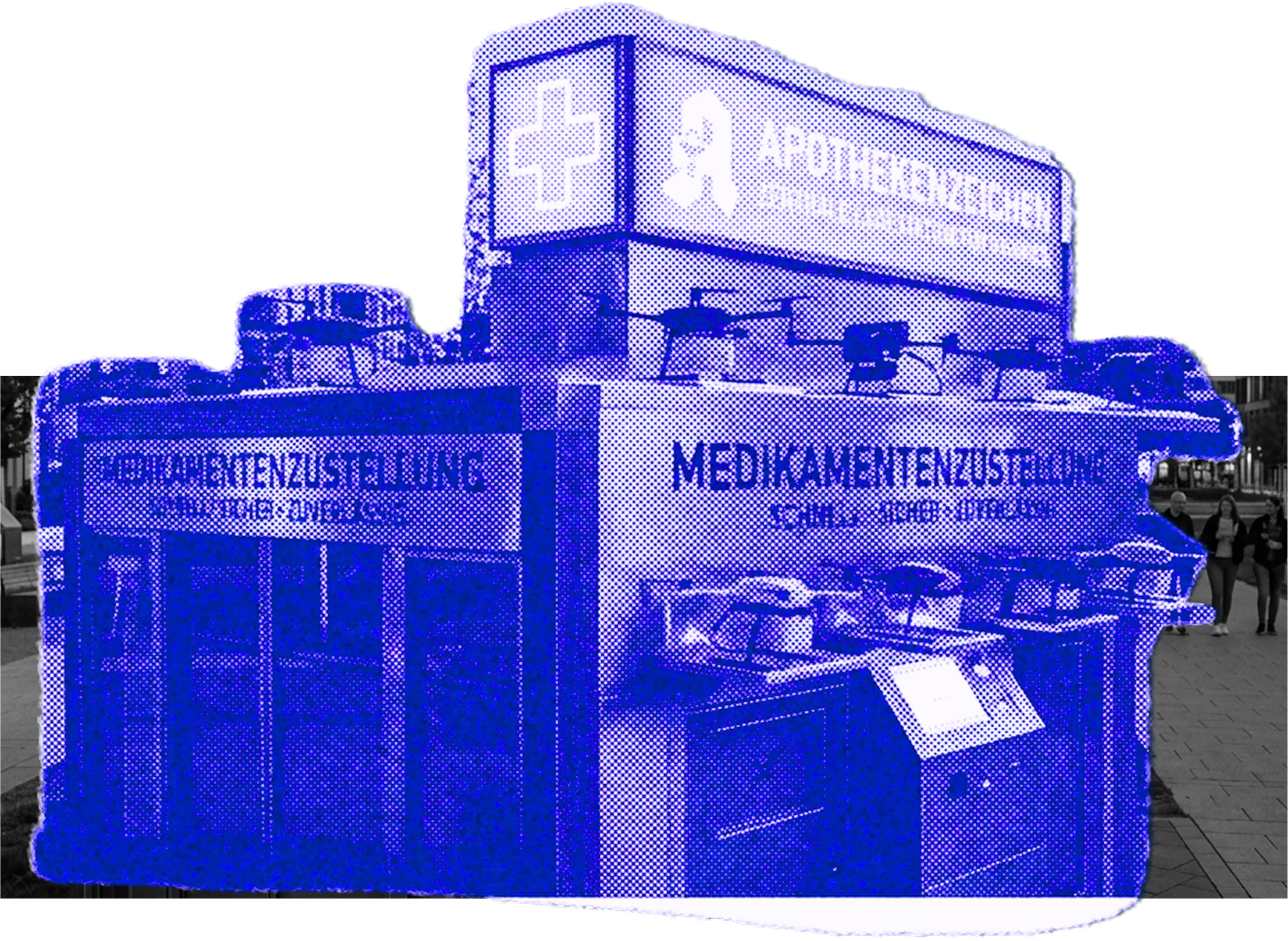 A pharmacy pick-up station for medication, drawn in blue halftone