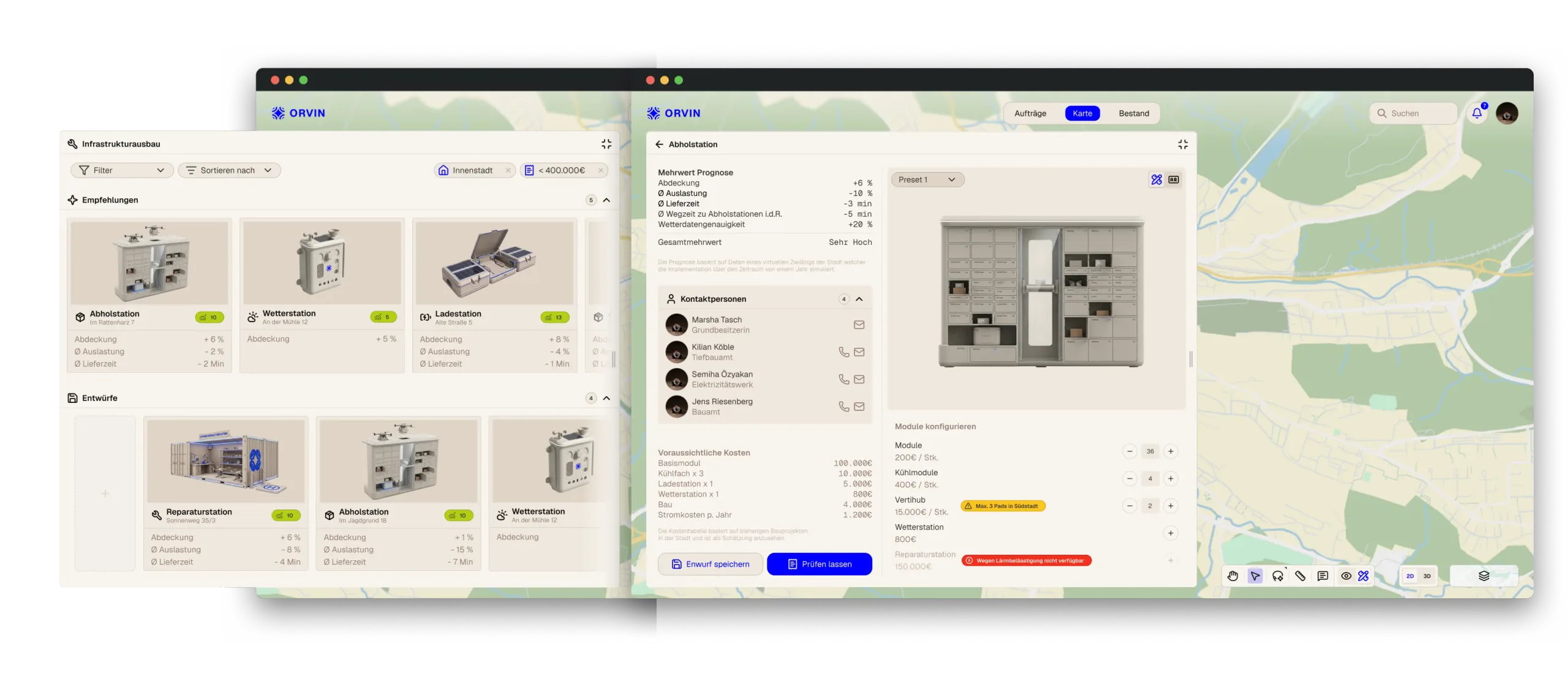 Platform screens for planning drone stations: an overview and a detail view